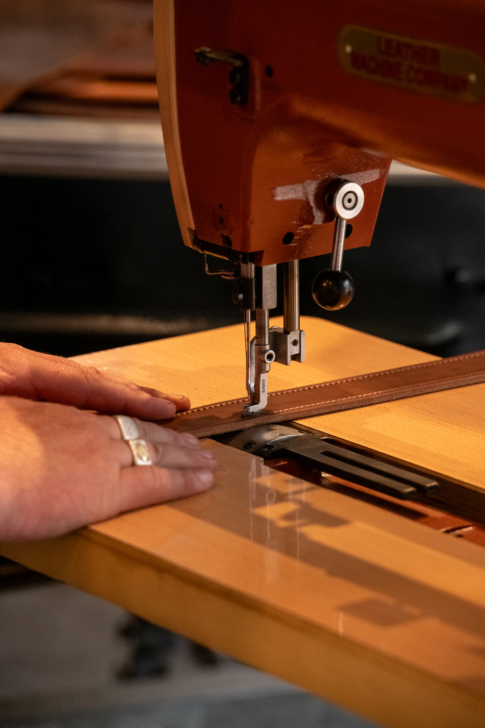Leather craftsman at work in the Healesville workshop